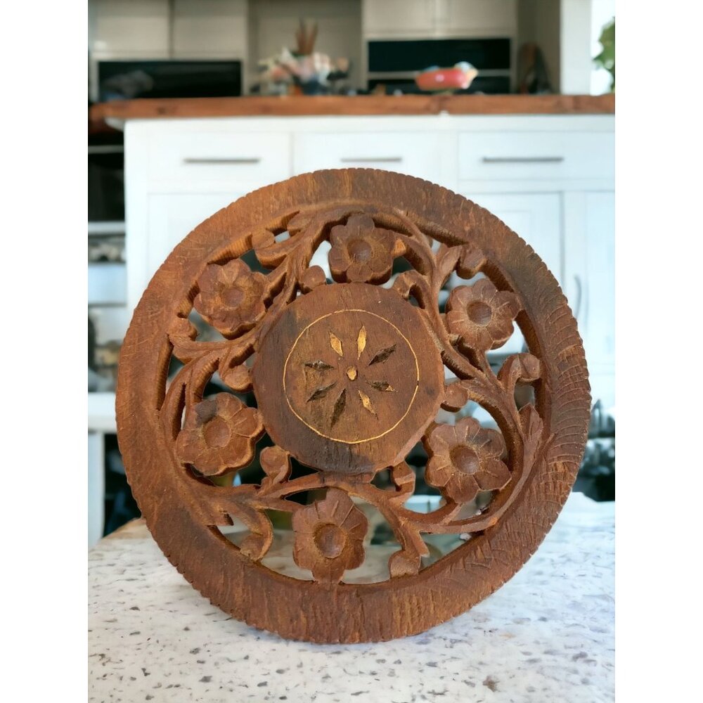 Vintage Hand Carved Wood Trivet Floral India Boho Decor Mid Century Modern Riser